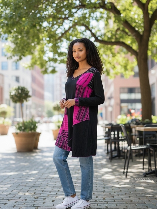 Parsley & Sage Tops - Parsley & Sage Black Tunic Top with Magenta Patchwork Feminine Size M